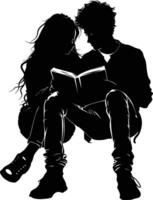 AI generated Silhouette teenager girl and boy reading book together black color only vector