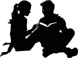 AI generated Silhouette teenager girl and boy reading book together black color only vector