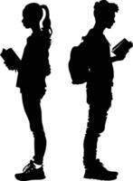 AI generated Silhouette teenager girl and boy reading book together black color only vector