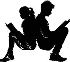 ai generado silueta adolescente niña y chico leyendo libro juntos negro color solamente vector