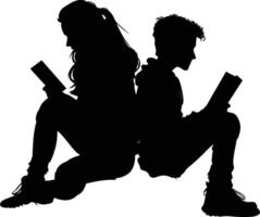 ai generado silueta adolescente niña y chico leyendo libro juntos negro color solamente vector