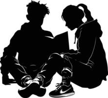 AI generated Silhouette teenager girl and boy reading book together black color only vector