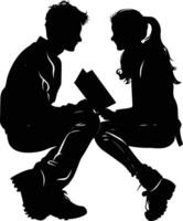 ai generado silueta adolescente niña y chico leyendo libro juntos negro color solamente vector