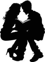 AI generated Silhouette teenager girl and boy reading book together black color only vector