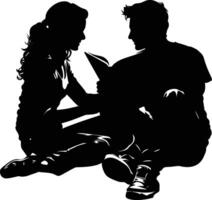 AI generated Silhouette teenager girl and boy reading book together black color only vector