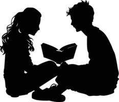 AI generated Silhouette teenager girl and boy reading book together black color only vector