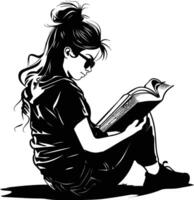 AI generated Silhouette teenager girl reading book black color only vector