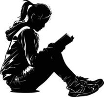 AI generated Silhouette teenager girl reading book black color only vector