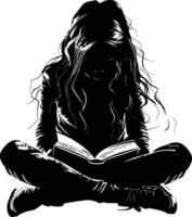 AI generated Silhouette teenager girl reading book black color only vector