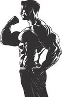 AI generated Silhouette Bodybuilding flexing body muscle black color only vector