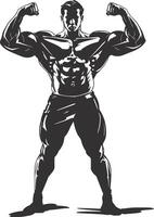 AI generated Silhouette Bodybuilding flexing body muscle black color only vector