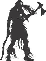 AI generated Silhouette native american man holding stone ax black color only vector