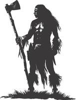 AI generated Silhouette native american man holding stone ax black color only vector