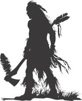 AI generated Silhouette native american man holding stone ax black color only vector