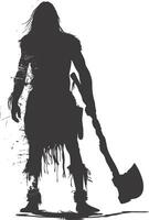 AI generated Silhouette native american man holding stone ax black color only vector