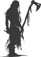 AI generated Silhouette native american man holding stone ax black color only vector