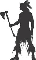 AI generated Silhouette native american man holding stone ax black color only vector