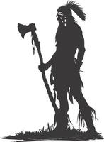 AI generated Silhouette native american man holding stone ax black color only vector