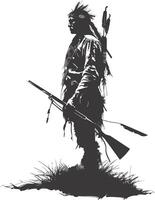 AI generated Silhouette native american man holding weapon black color only vector