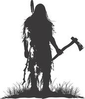 AI generated Silhouette native american man holding stone ax black color only vector