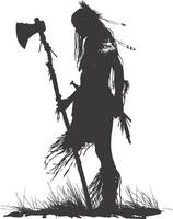 AI generated Silhouette native american woman holding stone ax black color only full body vector