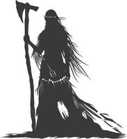 AI generated Silhouette native american woman holding stone ax black color only full body vector