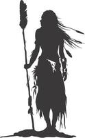 AI generated Silhouette native american woman holding stone weapon black color only full body vector