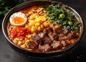 AI generated Asian ramen soup with beef egg corn and vegetables served in bowl Asian food concept selective focus photo