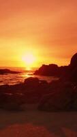 verticaal video van mooi oranje zee strand zonsondergang