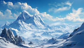 AI generated Majestic mountain peak, snow covered landscape, tranquil nature, panoramic beauty generated by AI photo