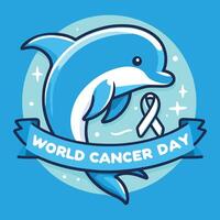 World Cancer Day banner with dolphin and ribbon on blue background. Vector illustration.