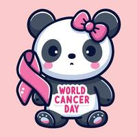 mundo cáncer día. linda dibujos animados hembra panda con cinta. vector ilustración.