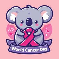 Cute koala with ribbon and text world cancer day vector illustration.