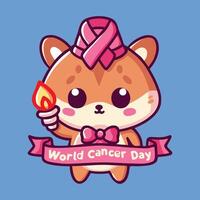 World Cancer Day Cute hamster with ribbon hat holding a burning candle Vector illustration