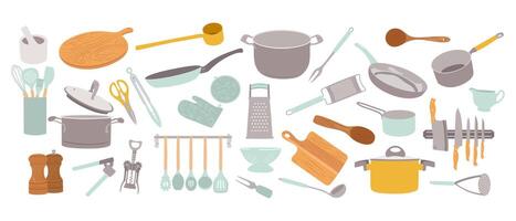 Set with different kitchenware on white background. Drawn in minimalistic style vector