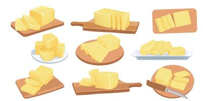 Set of sliced butter spread on a plate and wooden board vector