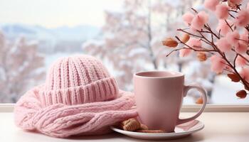 AI generated Cozy winter day  hot coffee, warm wool, comfortable indoors generated by AI photo
