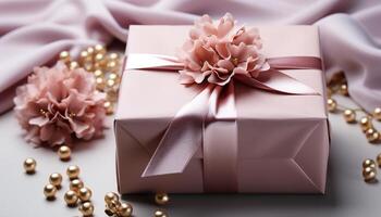 AI generated A shiny gold gift box wrapped in elegant silk generated by AI photo