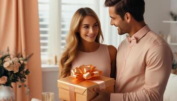 ai generado sonriente Pareja dando regalo, celebrando amor y felicidad adentro generado por ai foto