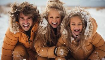 Smiling winter happiness outdoors, cheerful fun in the snow generated by AI photo