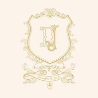 Vintage wedding crest design with initial D J. Retro design element crest can be used in wedding napkins, plates, invitations. Vector Illustration.