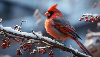 AI generated A colorful finch perches on a snowy branch in winter generated by AI photo