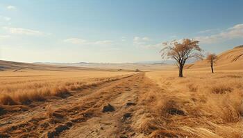 AI generated Tranquil meadow, dry grass, yellow wheat, blue sky, serene sunset generated by AI photo