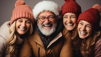 ai generado sonriente mujer y hombres disfrutar invierno al aire libre, abrazando felicidad juntos generado por ai foto