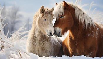 AI generated Two horses grazing in a snowy meadow, close up portrait generated by AI photo