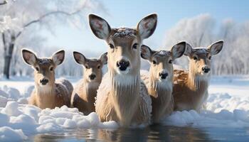 AI generated A cute group of deer looking at camera in winter generated by AI photo