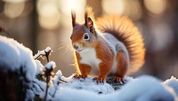 AI generated Cute small mammal sitting on branch, eating in winter forest generated by AI photo