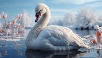 AI generated The elegant swan gracefully swims in the tranquil pond generated by AI photo