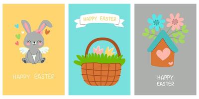 Greeting cute cards for the Easter holiday. Rabbit, basket, feeder. For posters, cards, scrapbooking, stickers vector