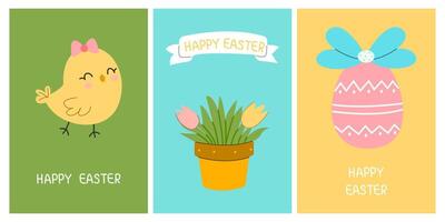 Greeting cute cards for the Easter holiday. Chicken, egg, vase of flowers. For posters, postcards, scrapbooking, stickers vector